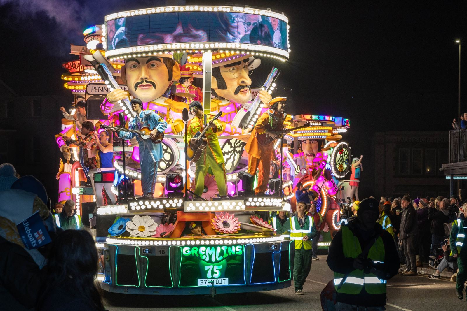 The winning Beatlemania cart created by The Gremlins Carnival Club at the 2025 Weston-super-Mare Carnival